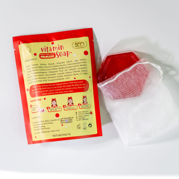 Back of Ohana Vitamin Soap 71g showing ingredients list and how-to-use instructions.