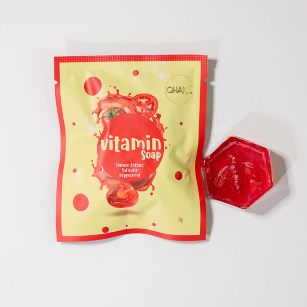 Ohana Vitamin Soap 17g trial size next to the red honeycomb-shaped soap bar.